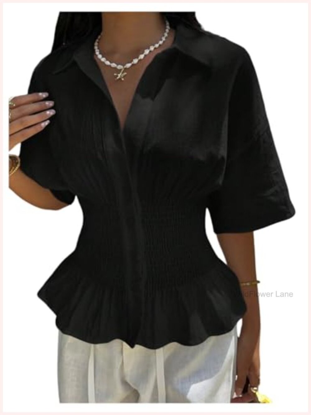 Milumia Women's Collar Button Down Short Sleeve Peplum Top Smocked Cinched